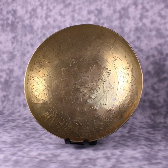 Vintage Chinese Brass Decorative Plate Crane Dragon Etched 11" - Picture 5 of 11